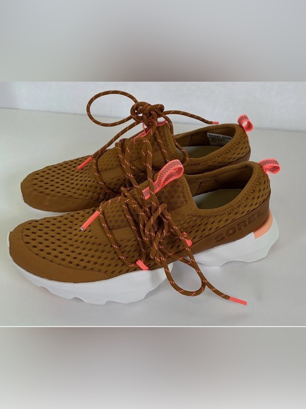 Sorel Brown Mesh Slip-Ons with Coral Accents